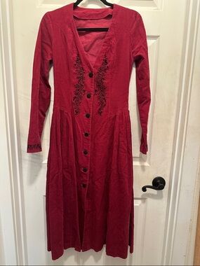 Women's Red-Pink Long-Sleeve Button Dress with black accents. Whimsigoth Vintage